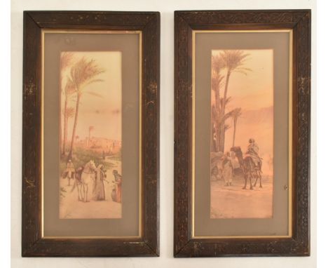 Two 19th century Victorian Gothic Arts and Crafts style oak frames, each containing a print of an Oriental Far East scene. Th