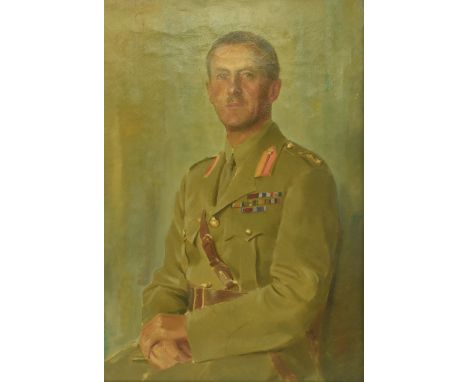 A mid 20th century circa 1950s oil on canvas painting depicting an unnamed soldier. The soldier with medal bars for both the 