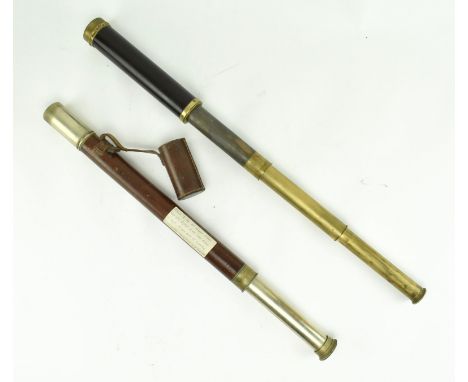 Two 19th century brass and leather cased extendable hand telescopes. Thee lot comprising a smart early 19th century example b