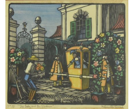 Kenneth Broad - The Lady and the Gardener - an early 20th century limited edition hand coloured woodblock print. No. 58. The 