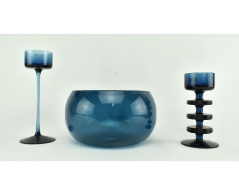 Two vintage mid century Wedgwood glass candleholders, along with a heavy glass centrepiece bowl in the same smoked blue. The 