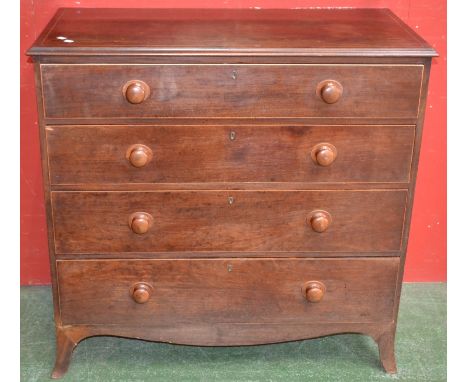 A George III mahogany chest, oversailing moulded top, four graduated long drawers, associated button handles, splay feet, cir