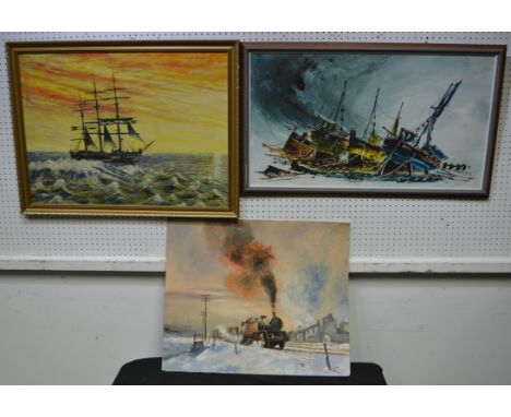 Michael Harrison (20th Century)Steam Locomotive in Snowy Landscapesigned, dated, oil on canvas; another, R Smitheram, Sailing