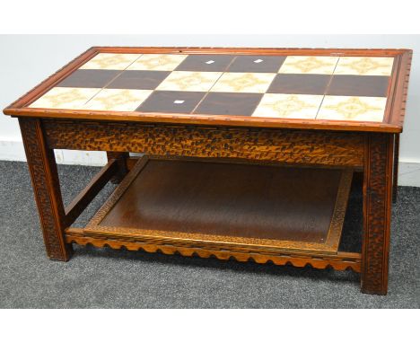 A tile top coffee table.