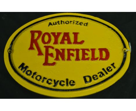 A reproduction cast iron Royal Enfield motorcycles plaque 