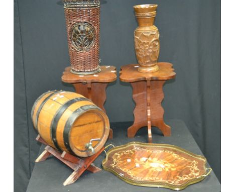 A Burdons sherry barrel on stand; two oak occasional tables; an inlaid two handled serpentine tray; a metal and wickerwork st