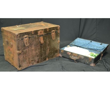 Vintage Luggage - a vintage suitcase and linen and lace; a metal bound travel trunk