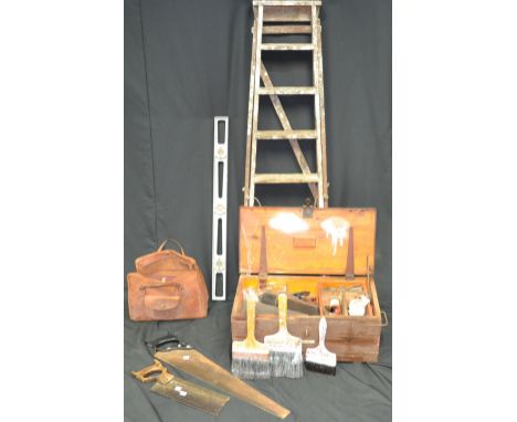 Tools - a small tool chest and tools including Woden No 41/2 plane; brace and bits; tenon saw; handsaw; lump hammer; spirit l