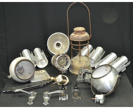 Architectural Salvage - assorted aluminium lighting; a Tilly lamp; door furniture etc.