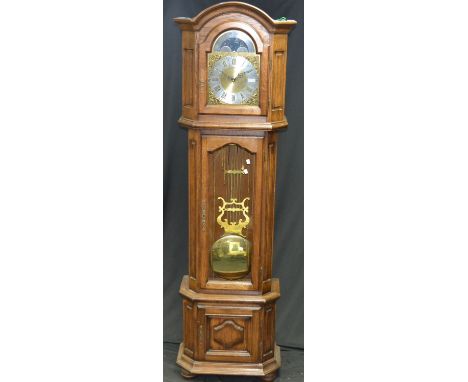 A modern longcase clock, Richard Broad, Bodmin, Cornwall, arched dial, floral brass spandrels, silvered chapter ring, Roman n