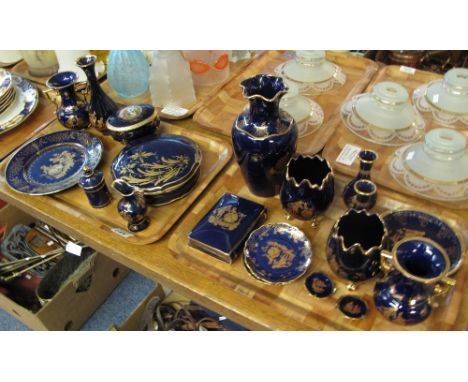 Two trays of Limoges, French porcelain items on a cobalt and gilt ground to include: vases; cabinet plate; trinket box in the