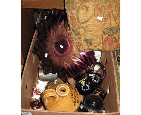 Box of assorted china and glass to include: J. Davies, Milford Arms, St. Clears two-tone stoneware flagon; Victorian black gr