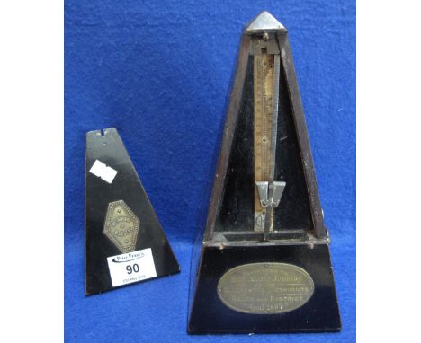 French ebonised clockwork metronome - Metronome de Maelzel, with presentation plaque: 'Presented to Miss Annie Jenkins by the