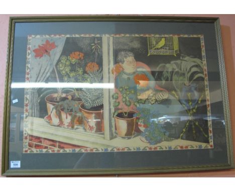 Large framed coloured print, 'Through the Window', portrait of a woman asleep in her chair with cat and canary, 49 x 74cm.  F