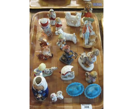 Tray of assorted china, various, to include: Staffordshire Toby jug in the form of a judge; Continental figures; novelty salt
