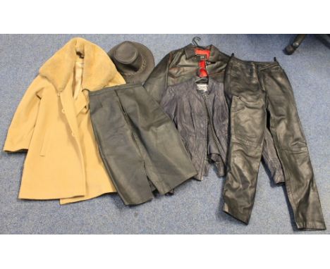 Collection of vintage clothing to include: two leather jackets, one navy by Firetrap (size small), one black by Milan Leather