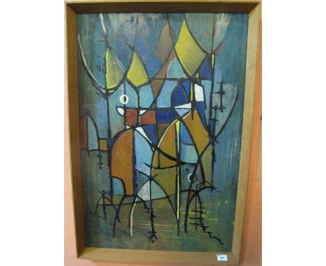 George E. Jowett, architectural abstract type study, signed with initials and dated: '63, oils on board, 90 x  59cm.  Framed.