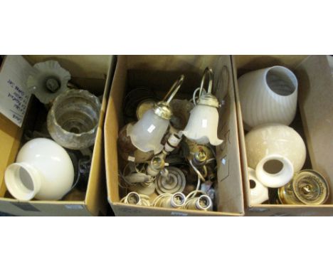Three boxes of lighting and similar accessories to include: table lamps; opaline glass shades; oil burner shades etc. (3)(B.P