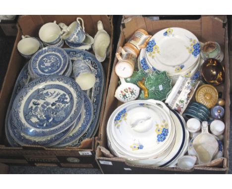 Two boxes of assorted china, various, to include: Staffordshire floral dinnerware; various blue and white items to include: M