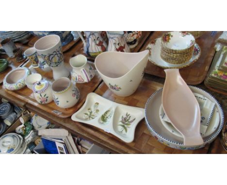 Two trays of Poole Pottery items, various designs, including 'Country Lane', comprising: bowls; vases; jam pot and cover; jug