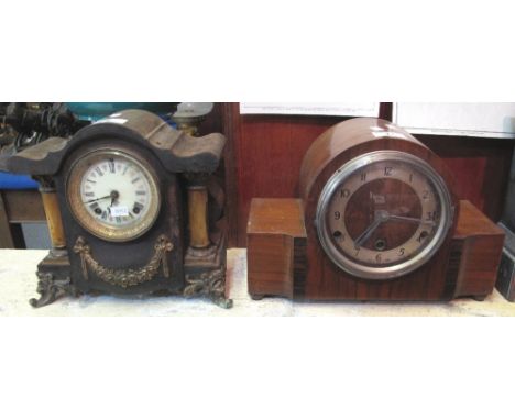 Gilded and metal architectural type enamel faced, two train wall clock by the Ansonia Clock Company, New York, USA, together 