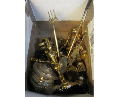 Box of metalware to include: candlesticks, plated three piece tea service, goblets, love spoons, small brass miners lamp etc.