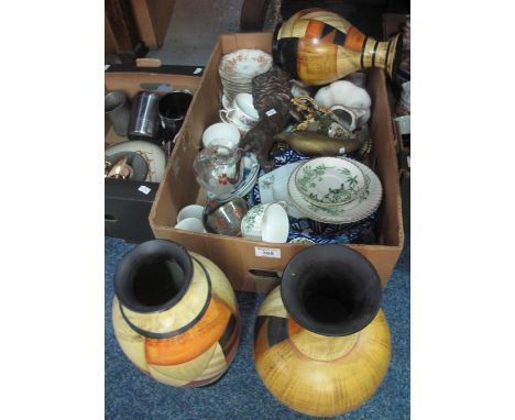 Box of assorted china, glassware and metalware to include: three large geometric design vases, Victorian cabinet cups and sau