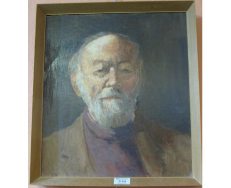 George Jowett, 'Roy Knight', a portrait study, labelled verso, oils on board, 42 x 37cm.  Framed.(B.P. 24% incl. VAT)