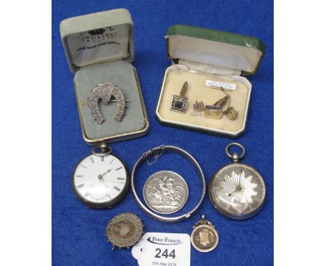 Bag of assorted silver and other items to include: two silver open faced pocket watches; silver horse shoe, harp and clover b