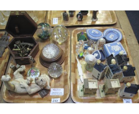 Two trays of assorted items to include: reproduction miniature brass sextant in fitted case; glass paperweights; Wedgwood; Ja