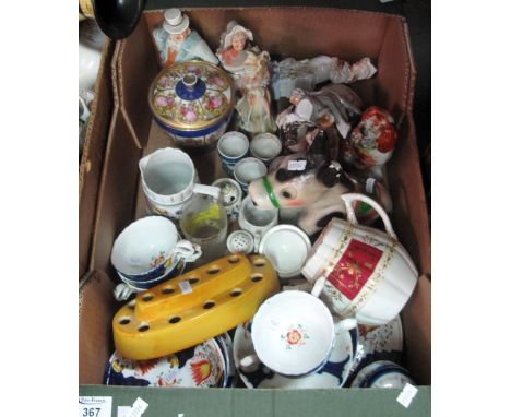 Box of mostly china to include: 19th Century gaudy Welsh design part tea service, various figurines of ladies in 19th Century