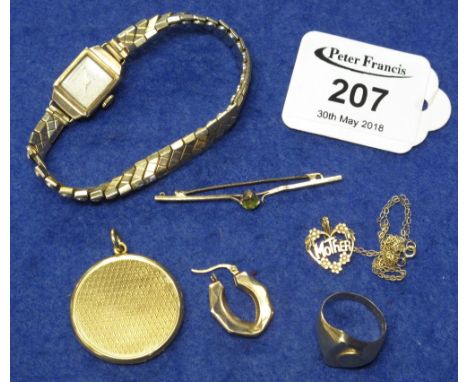 Bag of assorted gold and yellow metal items to include: 9ct gold and citrine bar brooch; 9ct gold heart shaped 'Mother' penda