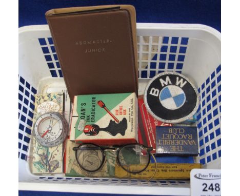 Box of oddments to include: Admaster Junior subtracting machine; K. Jellstrom Swedish compass; vintage spectacles; Magneto sp