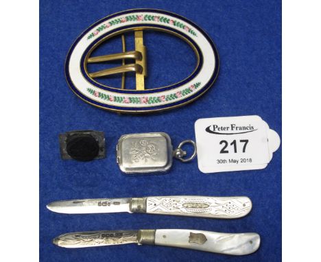 Leather pouch containing assorted items including: gilt and enamel floral belt buckle; silver and mother-of-pearl fruit knive