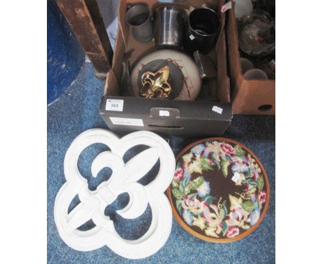 Box of assorted items to include: Victorian style small upholstered footstool; pewter tankard and plates; silver plated ladle