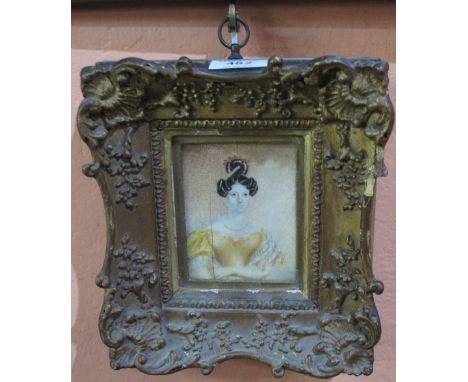 19th Century portrait miniature of a lady on ivory, gilt frame.  10.5 x 8.5cm approx. Annotated verso.(B.P. 24% incl. VAT)   