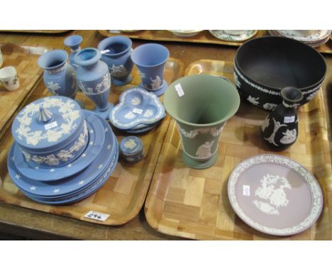 Two trays of Wedgwood Jasper ware items of various colours, to include: Basalt pedestal bowl; urn shaped vases; trinket box a