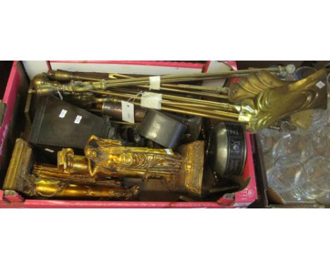 Box of metalware to include: fireside tongs, poker, shovel etc, art nouveau design copper vases, National Provincial Bank Ltd