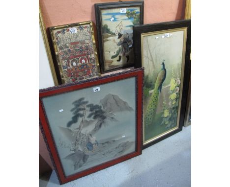 Group of Oriental style pictures, various, to include: Chinese painted portrait of a gentleman with bow and arrow; landscape 