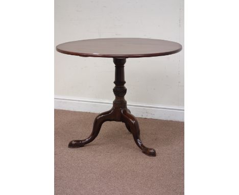 19th century mahogany tripod centre table, circular tilt top, on turned column, D85cm, H71cm   Condition Report   Click here 