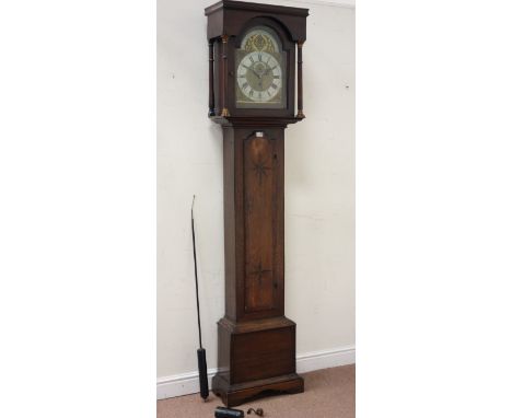 Early to mid Georgian oak and oak banded longcase clock case, inlaid with star motifs, brass and silvered dial signed 'Thomas