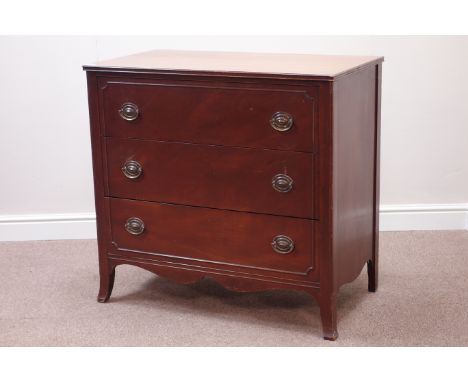 20th century mahogany three drawer chest, splayed bracket feet, W96cm, H91cm, D52cm   Condition Report   Click here for furth