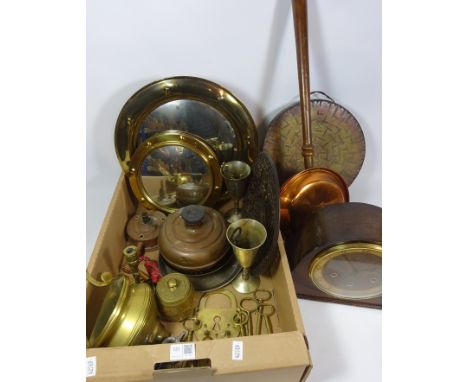 Oak case chiming mantle clock, brass gong, Coalbrookdale type cast iron wall plate and other metalware and miscellanea in one
