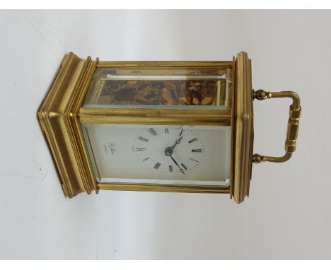 20th century brass and bevel glazed carriage clock, 8-day, 11 Jewel movement, dial signed 'St. James London', H13.5cm CLOCKS 