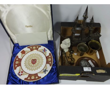 Model ship, bust of Nelson, shot flask, two beakers, Bust of Napoleon, Spode 'York Minster' limited edition plate, model of a