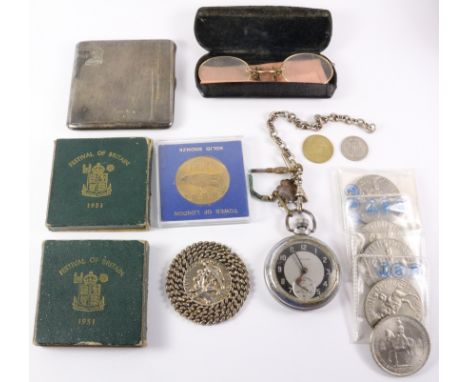 Silver cigarette case and watch chain both hallmarked, Triumph chromium pocket watch, pair of vintage spectacles and coins   