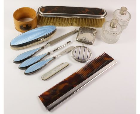 Manicure set with hallmarked silver and pale blue enamel handles, compact, vesta, scent bottles etc   Condition Report   Clic