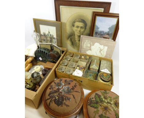 Pair of Victorian bead work stools, hallmarked silver button hooks, Parker pens, old tins, pictures and miscellanea in three 