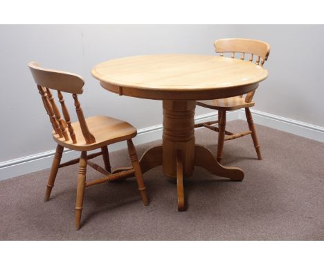 Circular light wood dining table (D107cm, H76cm), and two chairs   Condition Report   Click here for further images, conditio