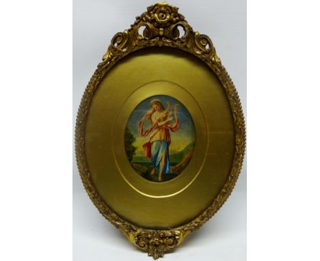 Muse Playing Her Lyre, oval 19th century oil on board 14cm x 11cm in ornate gilt frame   Condition Report   Click here for fu